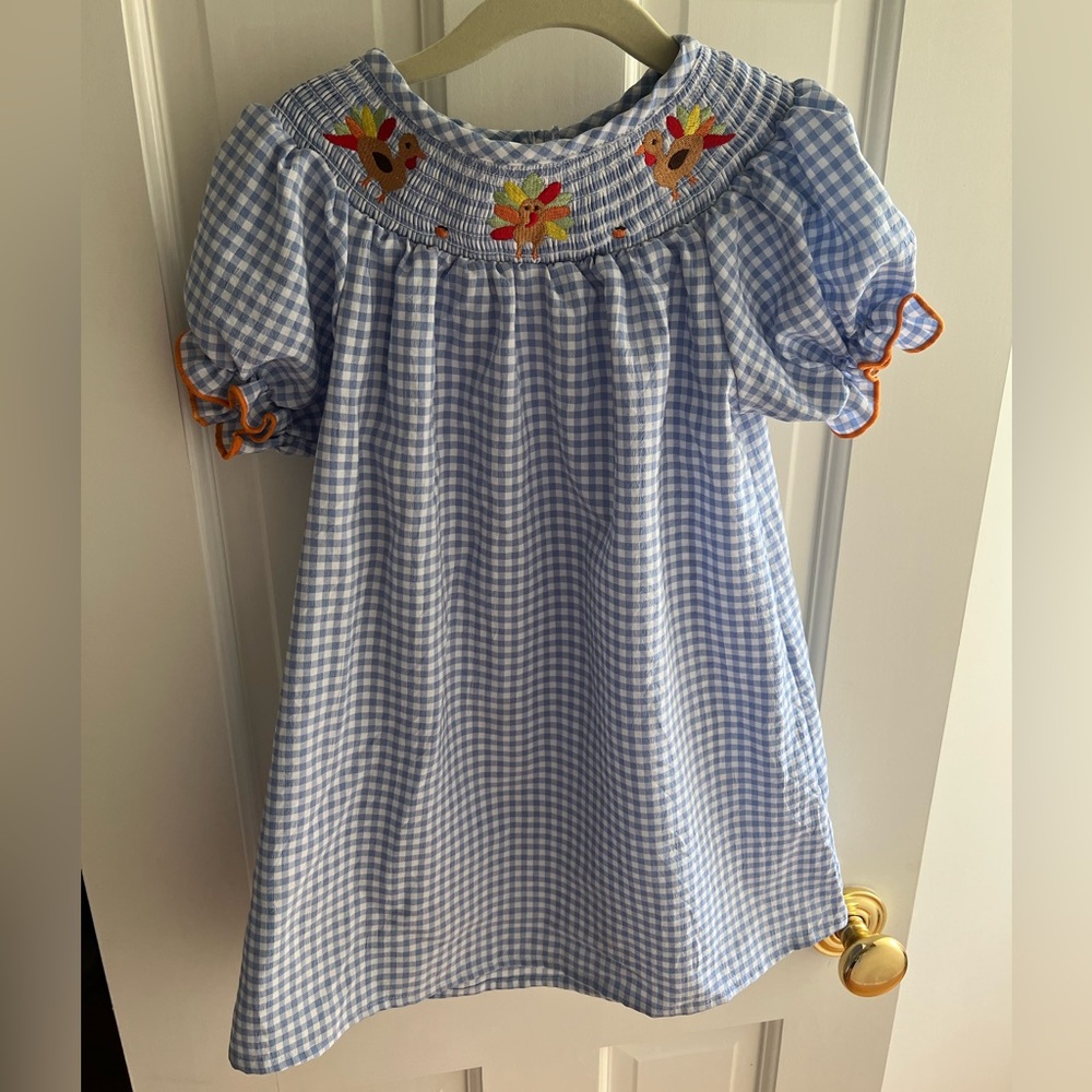 Blue Gingham Smocked Dress with Embroidery